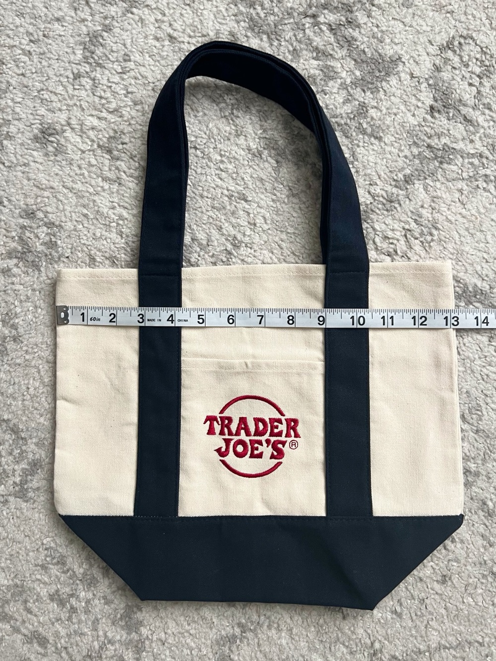 Trader Joe's Mini Tote Bag Shopper Navy Cream Trending Small 13 inch Canvas - Picture 3 of 6